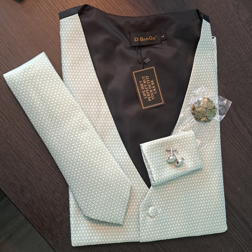 (2) M&L Sage patterned Waistcoat Vest, Tie, Handkerchief, pin & Cufflinks Set
